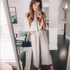 Off the shoulder tan jumpsuit